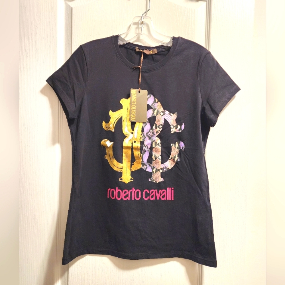 Roberto Cavalli Black Tee with Gold and Pink Accents